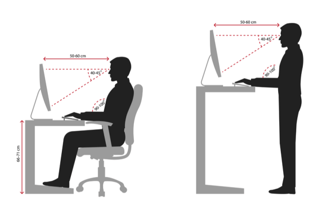 in-person and remote employees adjust desk to ergonomically-correct height