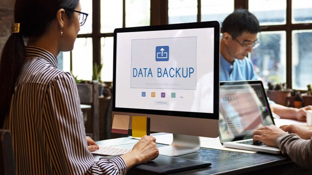 A woman utilizes a data backup service