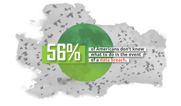 Cybersecurity Facts: Infographic with moon and birds stating 56% of Americans don't know what to do in the event of a data breach.